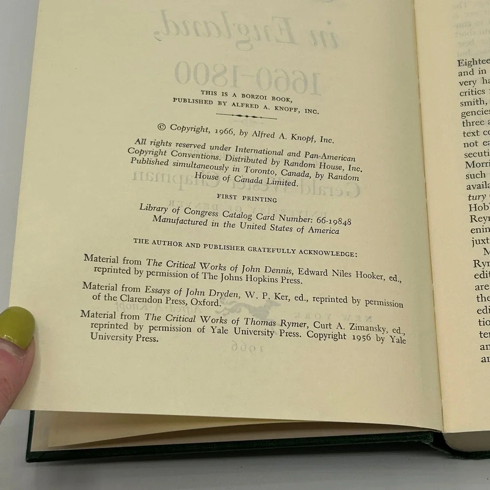 Literary Criticism in England 1660-1800 Chapman 1966 1st Printing Hardcover Book